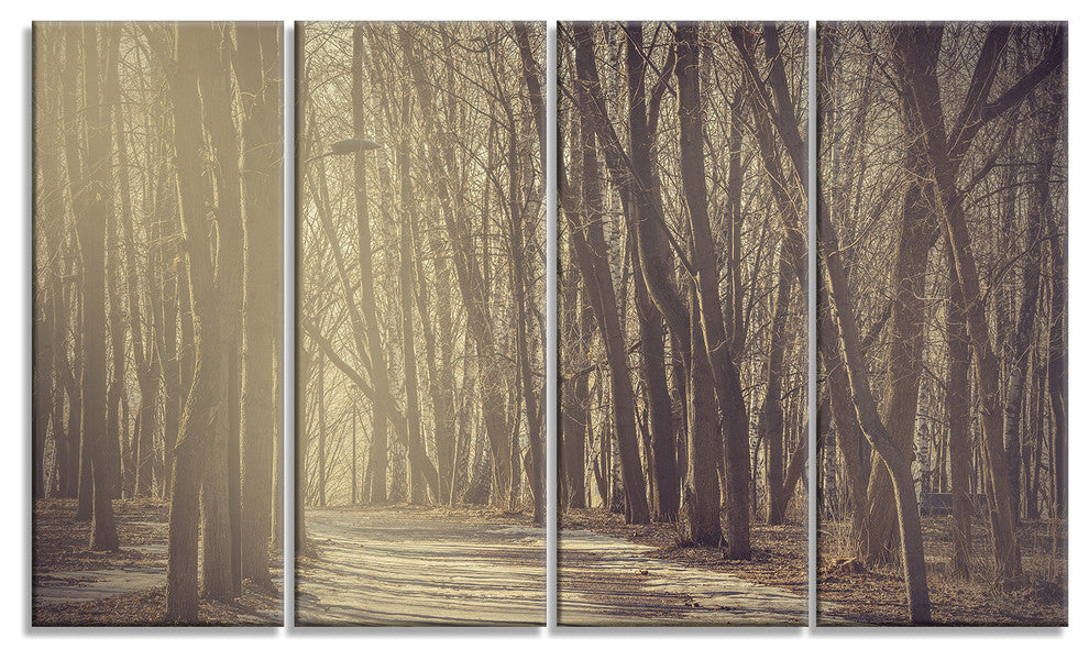Path in the Foggy Fall Forest, Modern Forest Canvas Art, 48"x28", 4 Panels