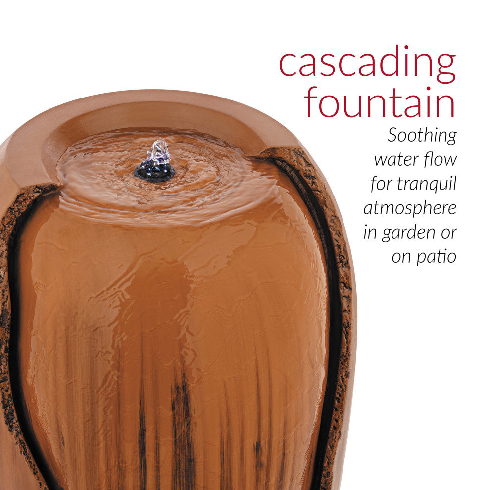 33" Tall Water Jar Fountain with LED Light, Brown