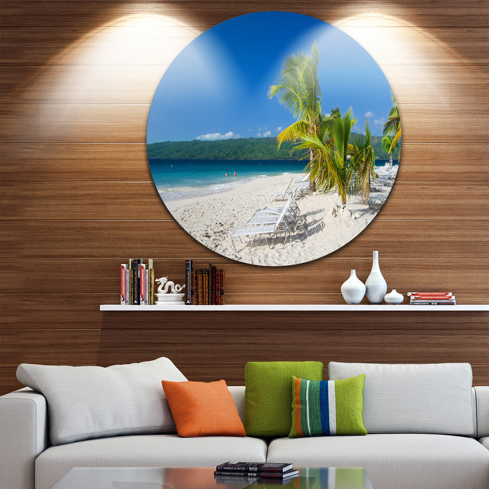 Beach Coconut Palms In Wind, Seashore Photo Disc Metal Artwork, 23"