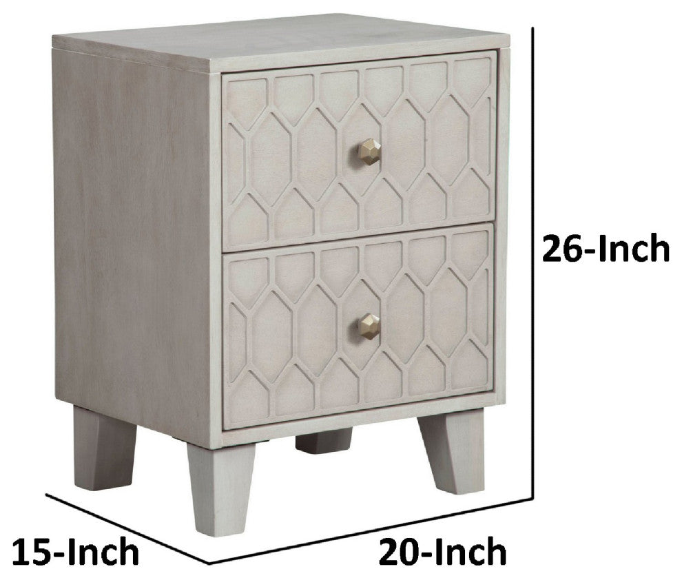 Benzara BM284279 Rue 26" 2 Drawer Nightstand Honeycomb Design, Light Gray