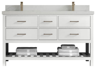 Parker 60 Double Sink Bathroom Vanity in White 2" Carrara Quartz