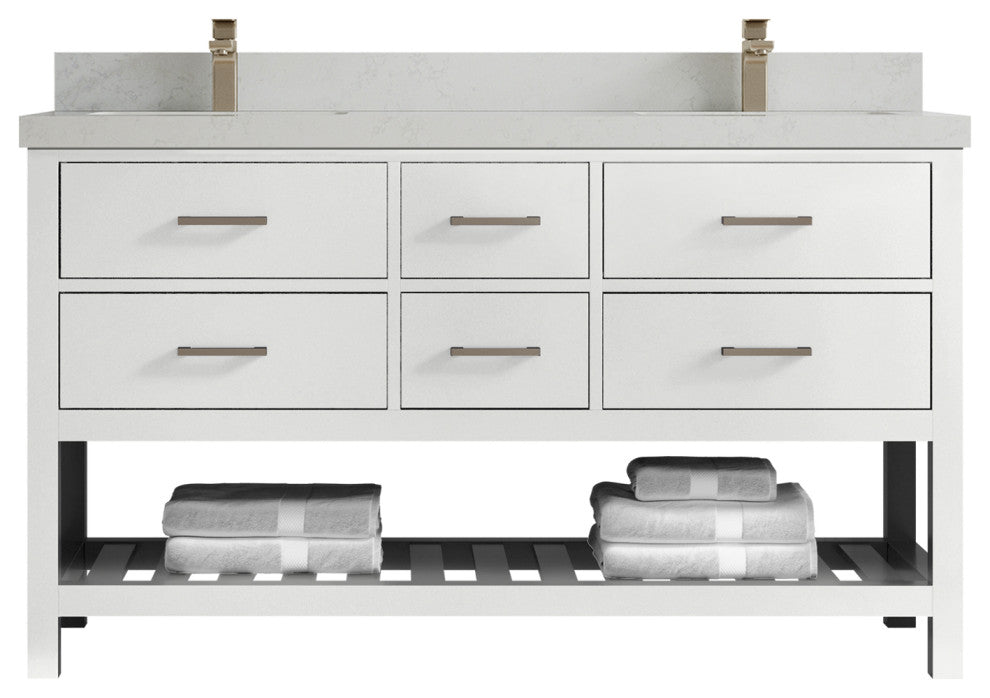 Parker 60 Double Sink Bathroom Vanity in White 2" Carrara Quartz