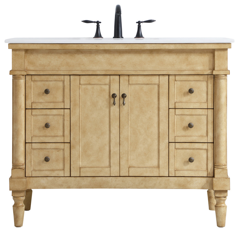 42" Single Bathroom Vanity, Antique Beige With Ivory White Engineered Marble
