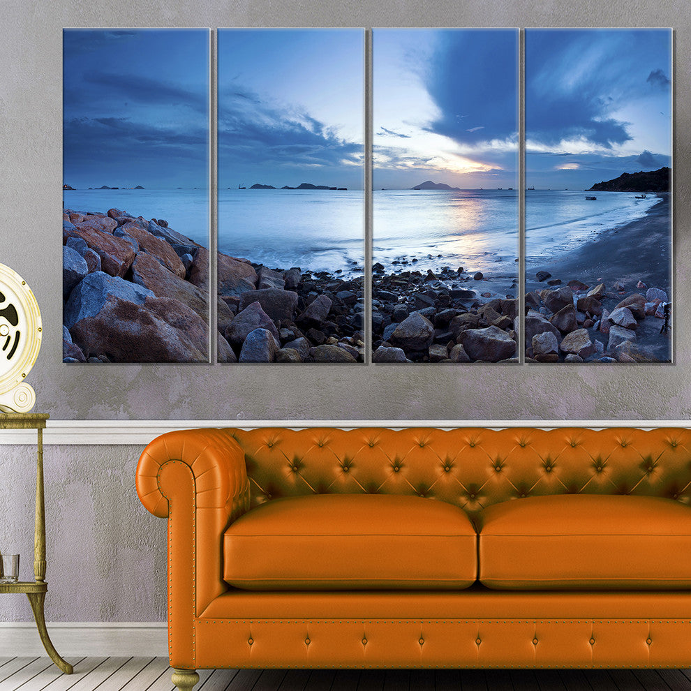 "Blue Sea Sunset on Sandy Coastline" Seascape Wall Art, 4 Panels, 48"x28"