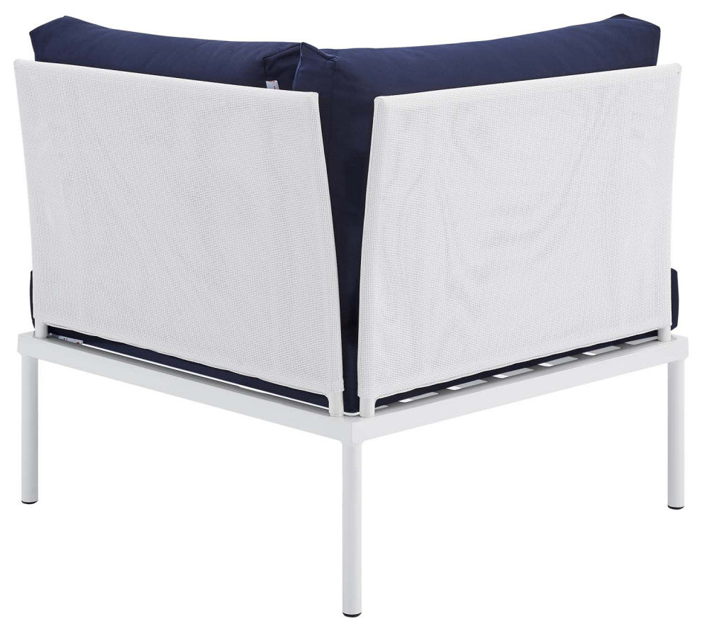 Sofa Corner Chair, Sunbrella, Aluminum, Metal, White Blue Navy, Modern, Outdoor