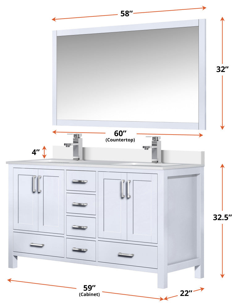 Jacques 60" White Double Sink Vanity with Quartz Top, No Mirror