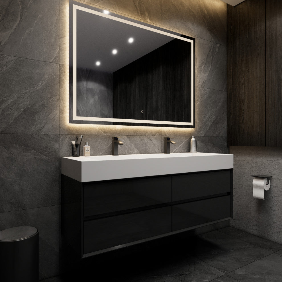 MAX 60" Double Floating Bath Vanity With Acrylic Sink, Gloss Black