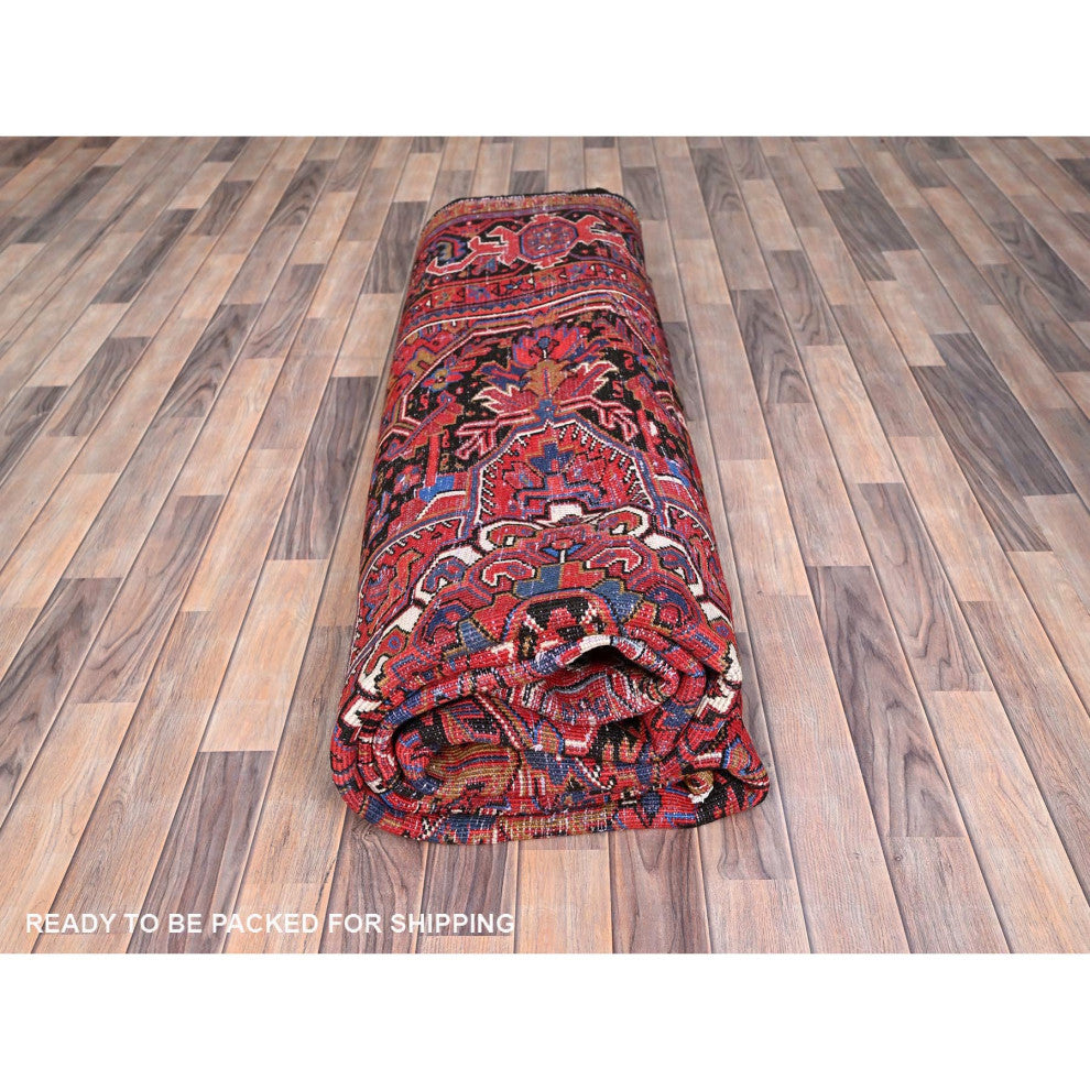 Imperial Red Pure Wool Hand Knotted Semi Antique Persian Heriz Rug 9'8"x13'