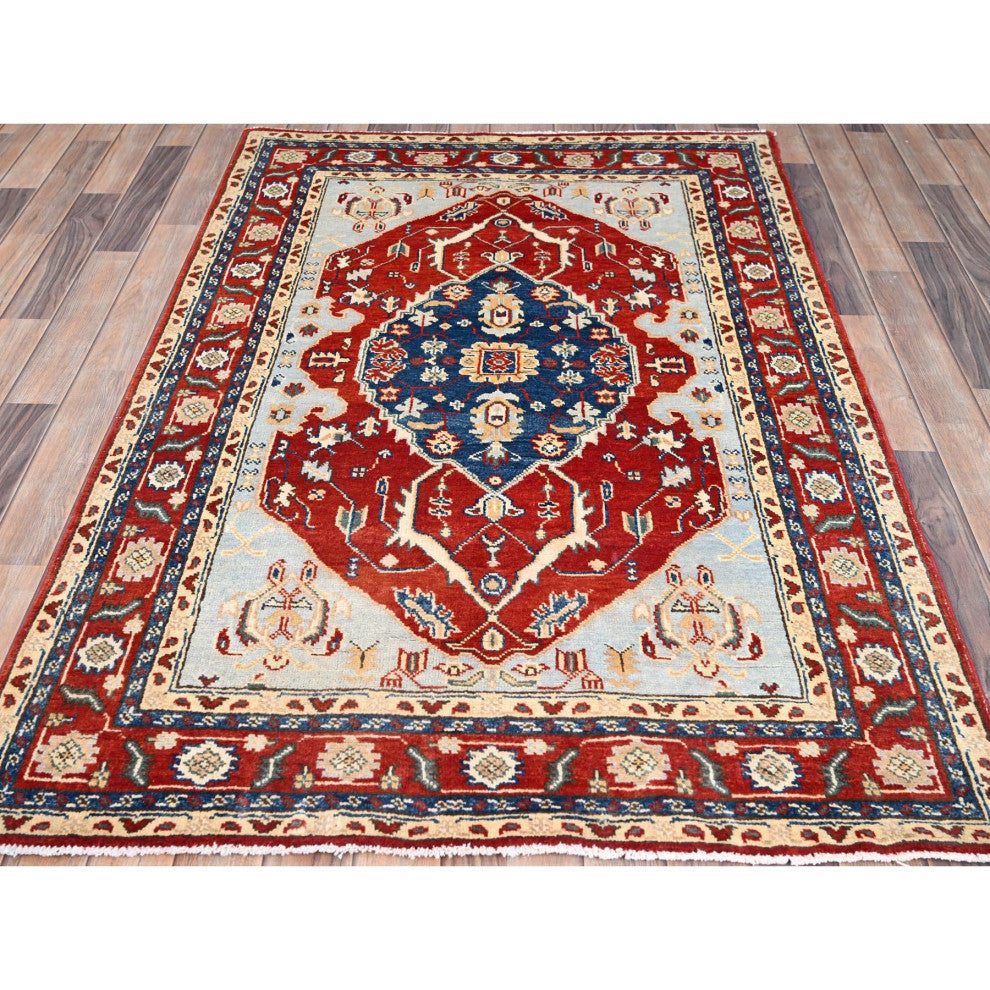 Blue, Serapi Heriz Design, Soft Wool, Hand Knotted, Oriental Rug, 4'x6'