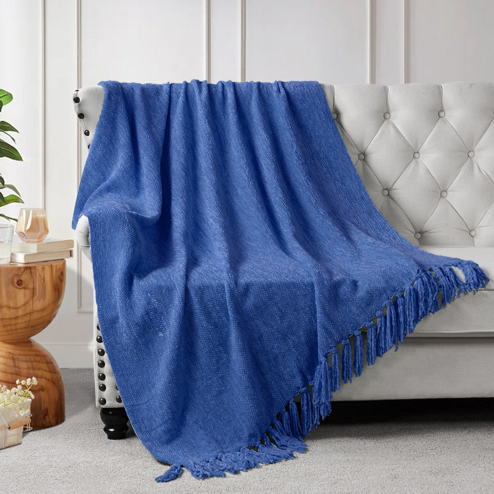 Crystal Chenille Knitted Throw Blanket, Lapis Blue