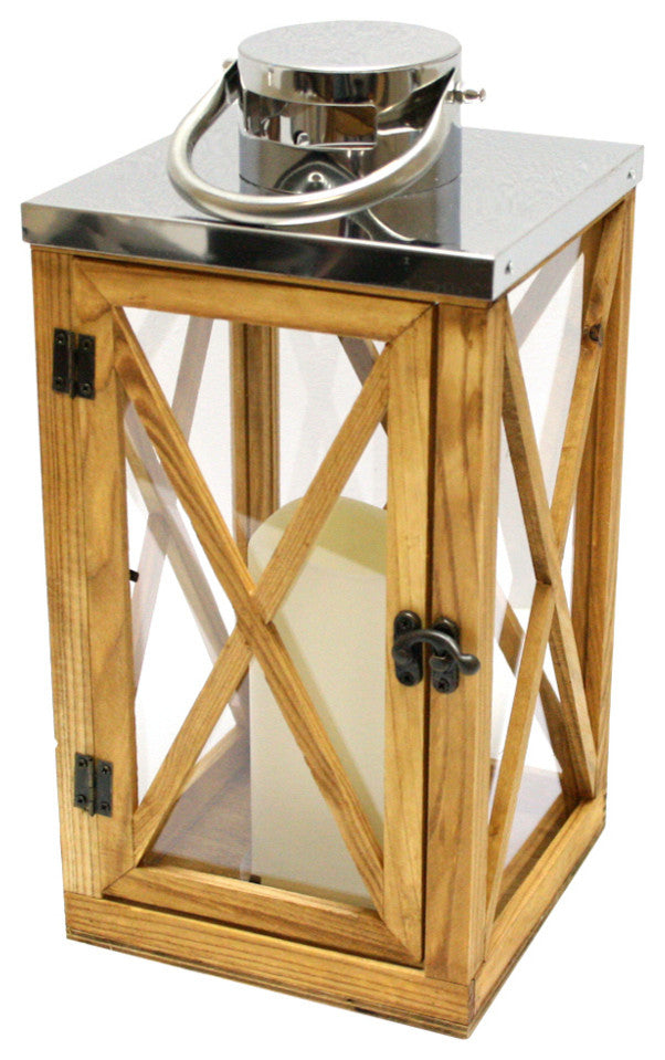 Rustic Lantern With LED Flameless Candle, Wood and Stainless Steel, 13.5"