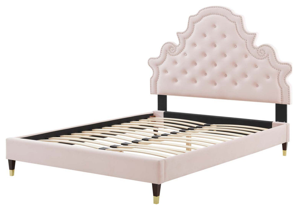 Tufted Platform Bed Frame, Full Size, Velvet, Pink, Modern Contemporary, Bedroom