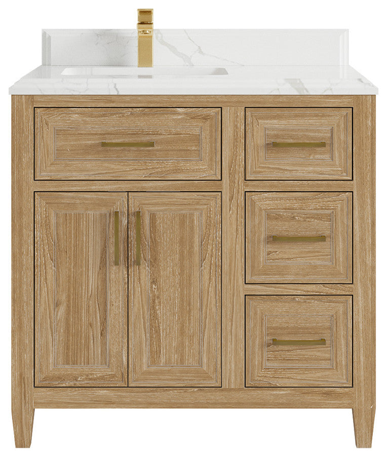 Santa Monica 36 Left Offset  Bath Vanity in Whitewashed Teak 1.5" Calacatta Laza