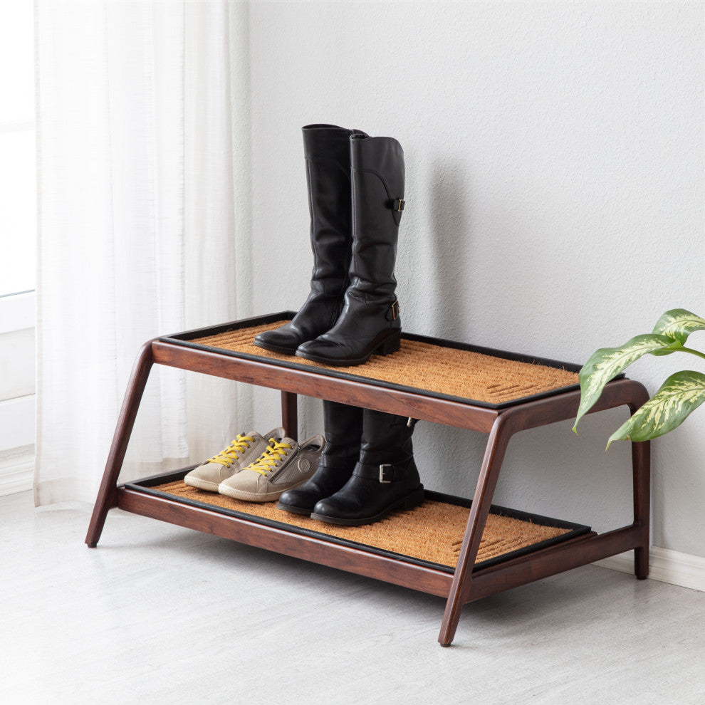 Double-Tier Brown Stand With 3-Pair Rubber Boot Trays Rectangle Ripple