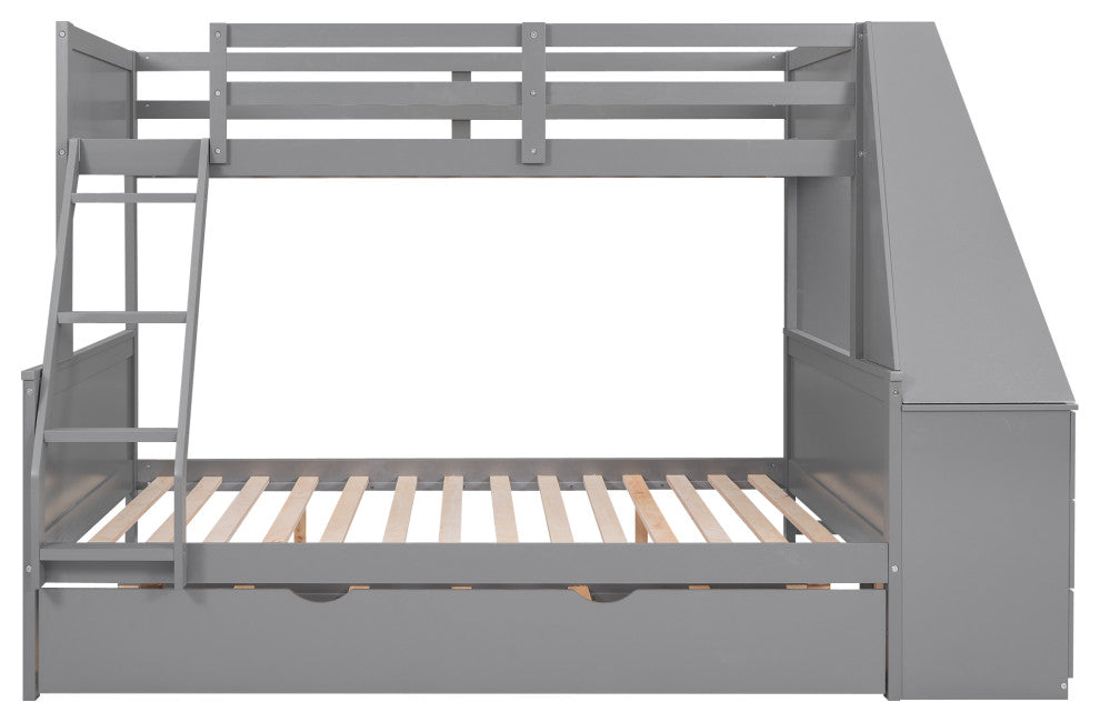 Gewnee Twin Over Full Bunk Bed with Desk Trundle and Built-in Desk  in Gray