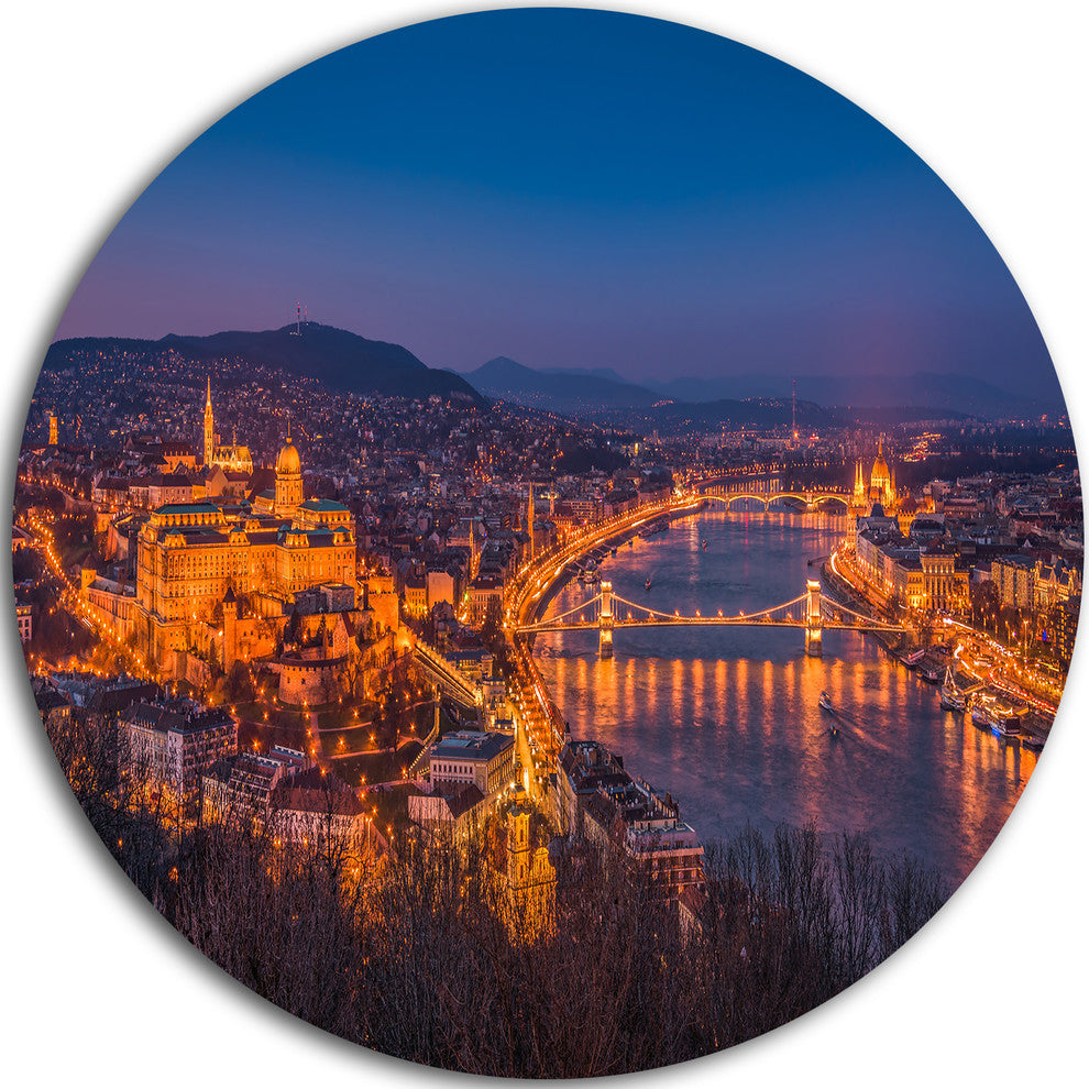 Night View Of Budapest City, Seashore Round Metal Wall Art, 11"