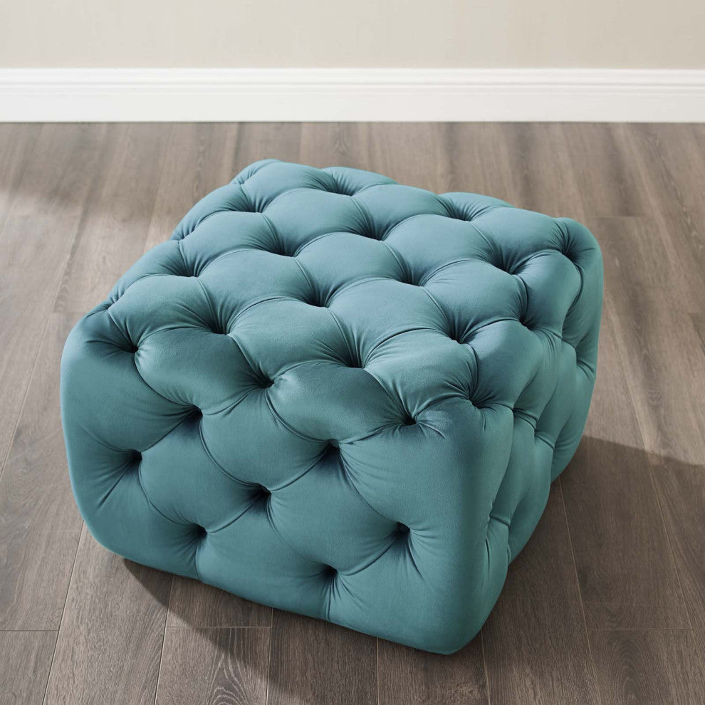 Tufted Accent Chair Ottoman, Square, Velvet, Blue, Modern, Lounge Hospitality