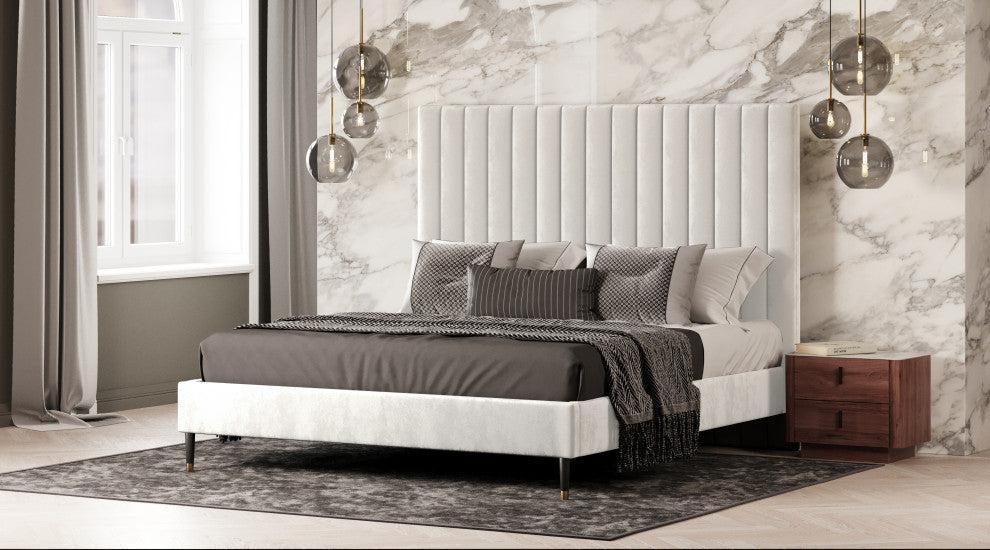 Modrest Hemlock Contemporary White Fabric Bed, Eastern King