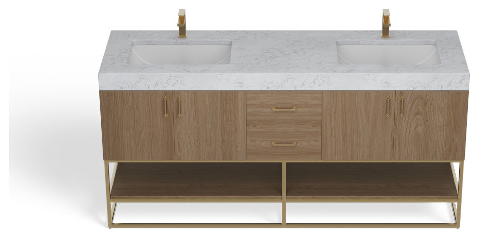 Bahia Bath Vanity, Oak, 72", Brushed Gold Hardware, Double, Freestanding