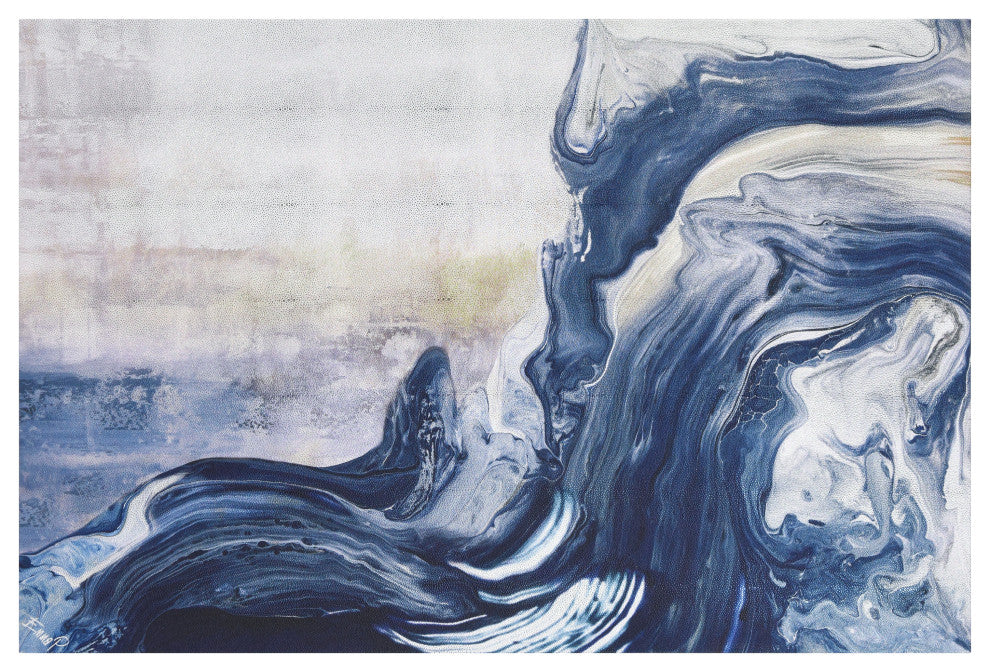 "Ocean Whispers" Blue Waves Rendered on Silver Shagreen Wrapped Canvas Wall Art
