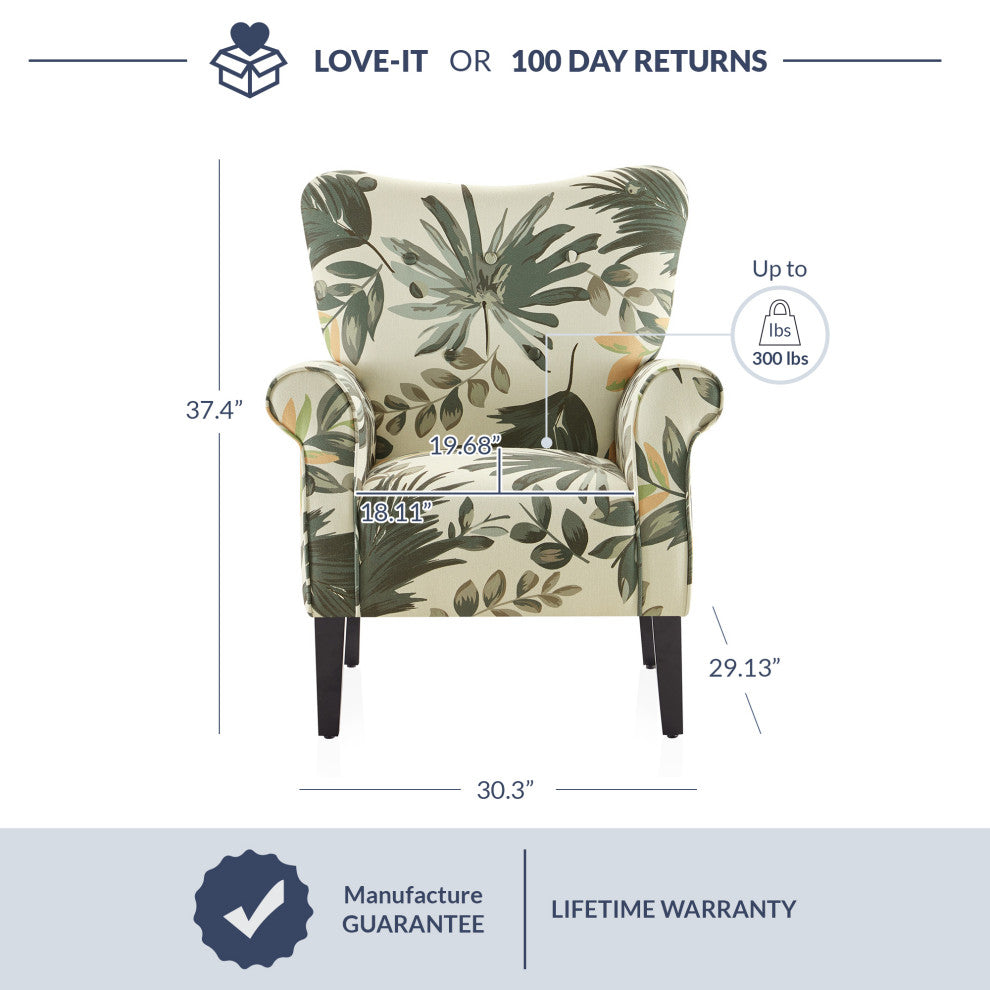 High Wingback Linen Armchair, Green Floral