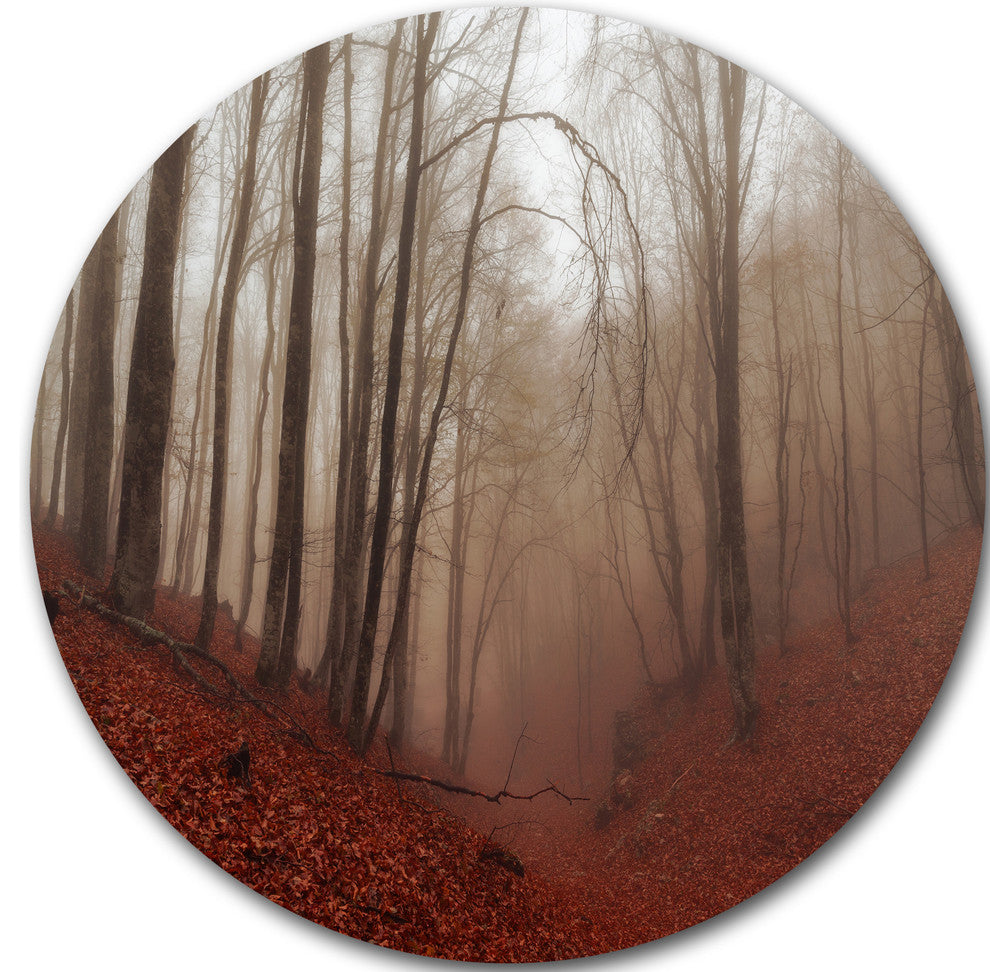 Red Leaves In Foggy Fall Forest, Landscape Photo Round Wall Art, 23"