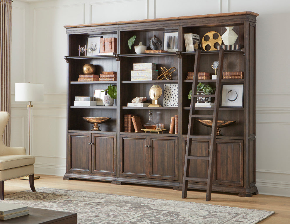 Executive Bookcase Wall With Wood Ladder, Fully Assembled, Brown