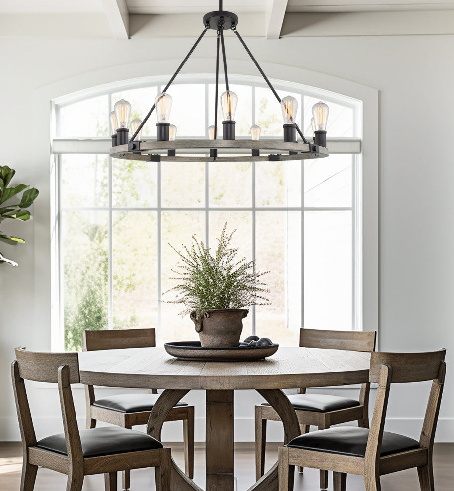 Kira Home Homestead 36" Rustic Farmhouse Wagon Wheel Chandelier, Round Kitchen