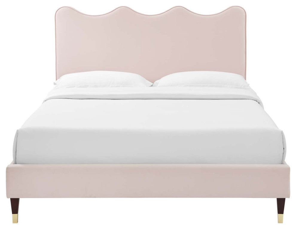 Platform Bed Frame, Queen Size, Pink, Velvet, Modern, Bedroom Guest Suite