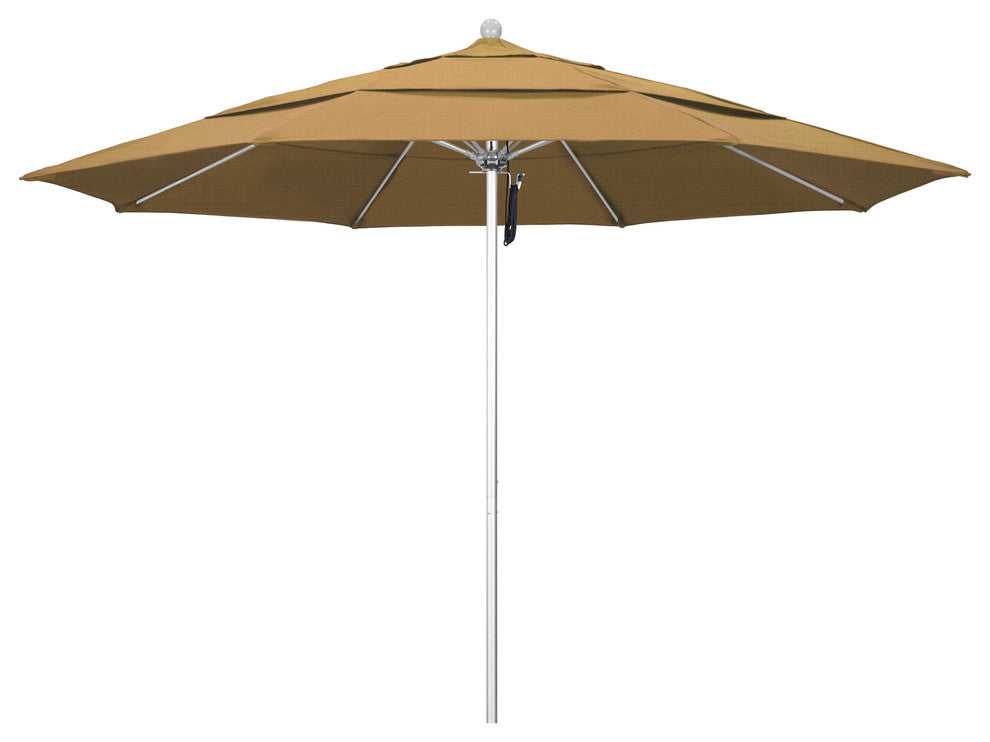 11' Silver Anodized Pulley Lift Fiberglass Rib Aluminum Umbrella, Olefin, Straw