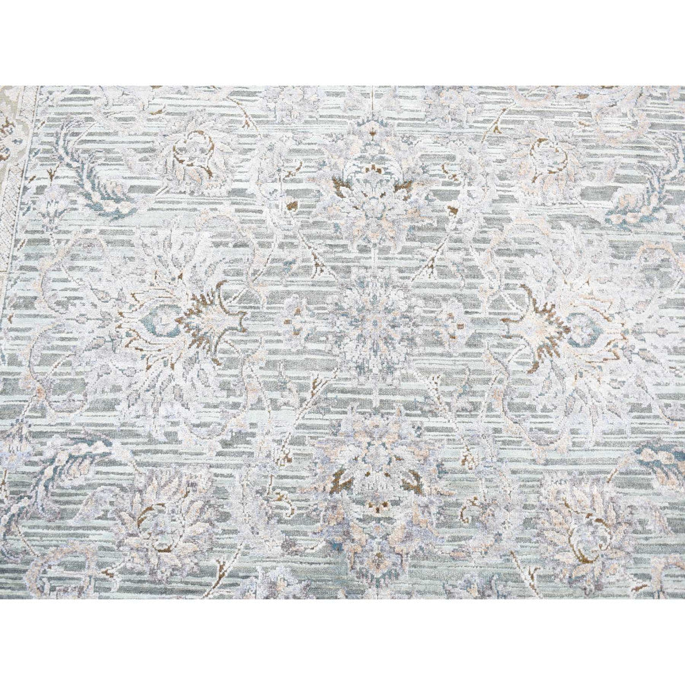 Laurel Green, Mughal Design, Pure Silk Hand Knotted, Oriental Rug, 7'10"x10'2"