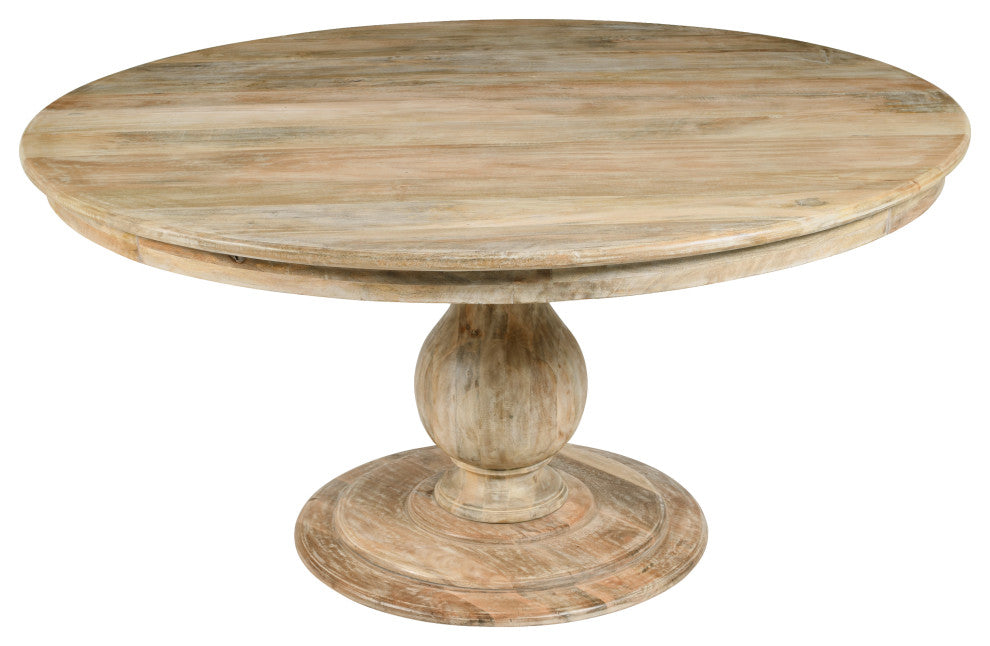Jenna Coastal Pedestal Dining Table Natural Finish, Natural Solid Mango Wood