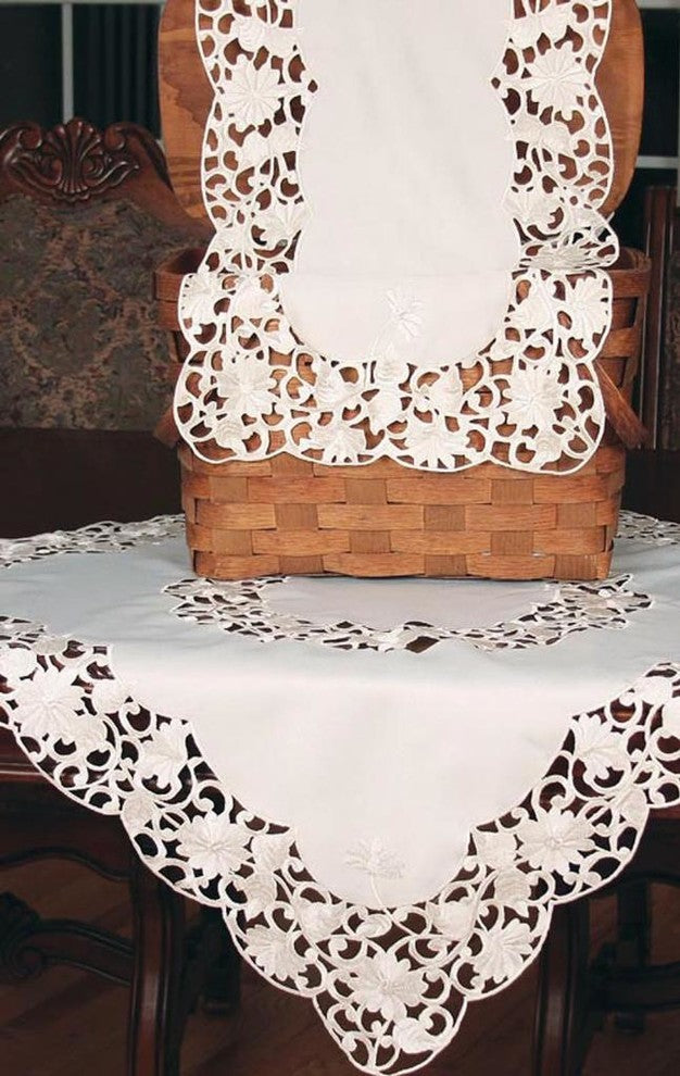 Daisy Lace Embroidered Cutwork Table Runner, 15x54