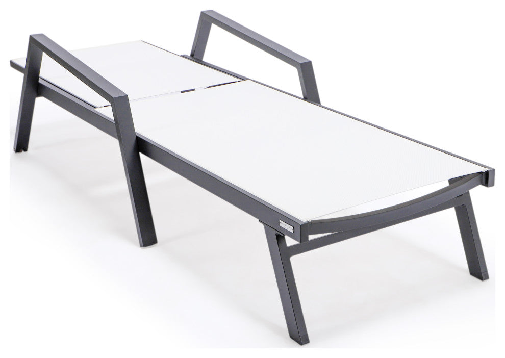 LeisureMod Marlin Chaise Lounge Chair With Arms and Fire Pit Table, White