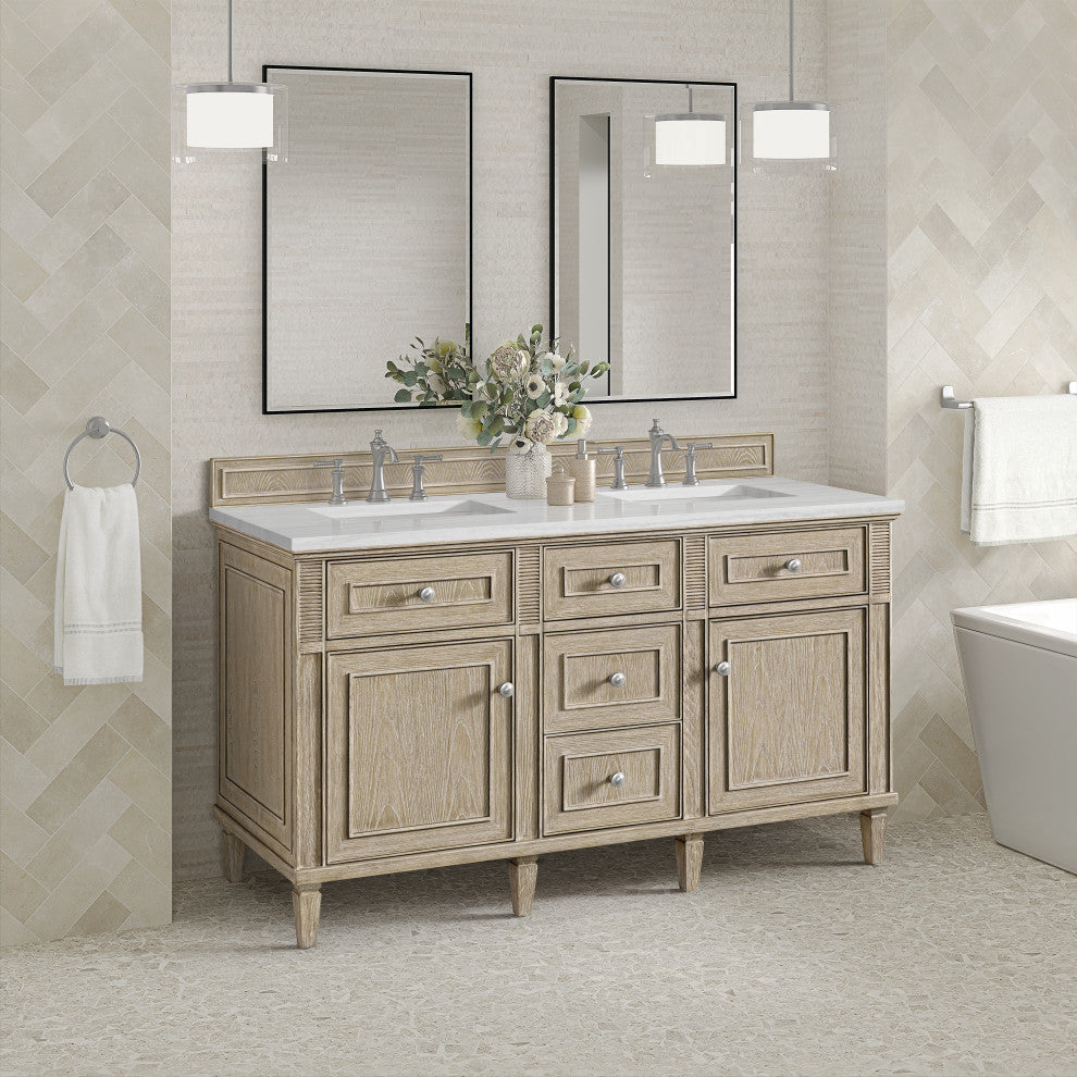 Lorelai 60" Double Vanity, Oak, 3 CM Arctic Fall Solid Surface Top