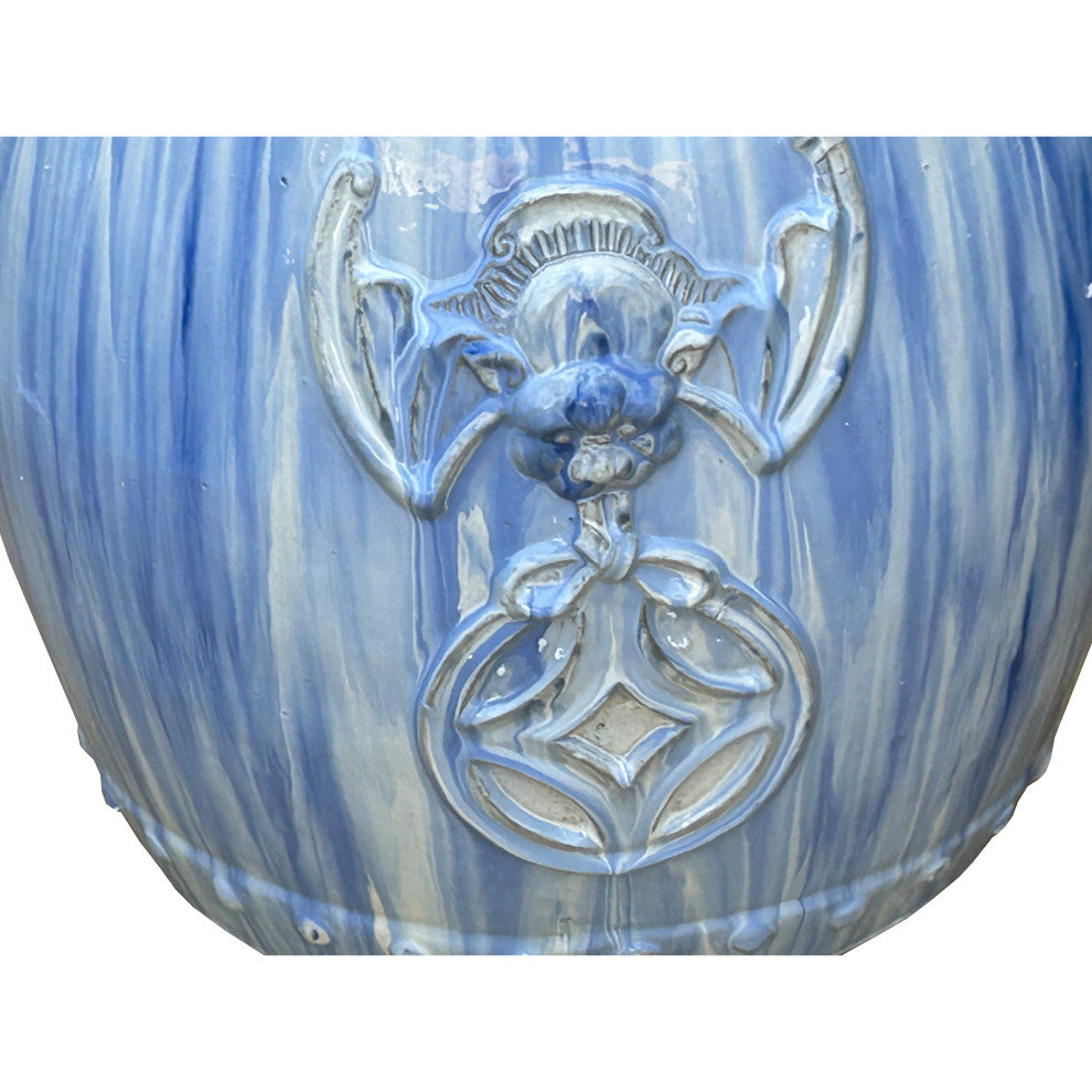 White Blue Glaze Bat Fortune Coin Pattern Round Ceramic Garden Stool Hcs7809