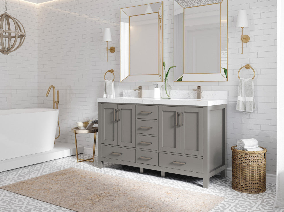 Malibu 60 Double Sink Bathroom Vanity in Elephant Skin Gray 2" Carrara Quartz