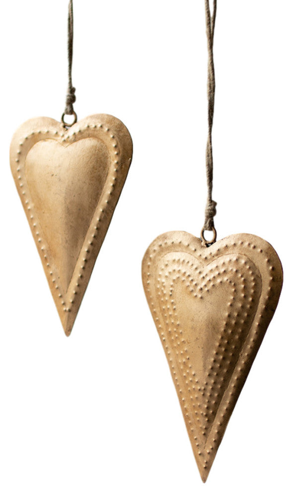 Antiqued Brass Hanging Hearts Pressed Metal Romantic Love, 4-Piece Set