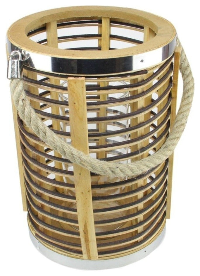 7.5" Rustic Chic Rattan Candle Holder Lantern With Jute Handle