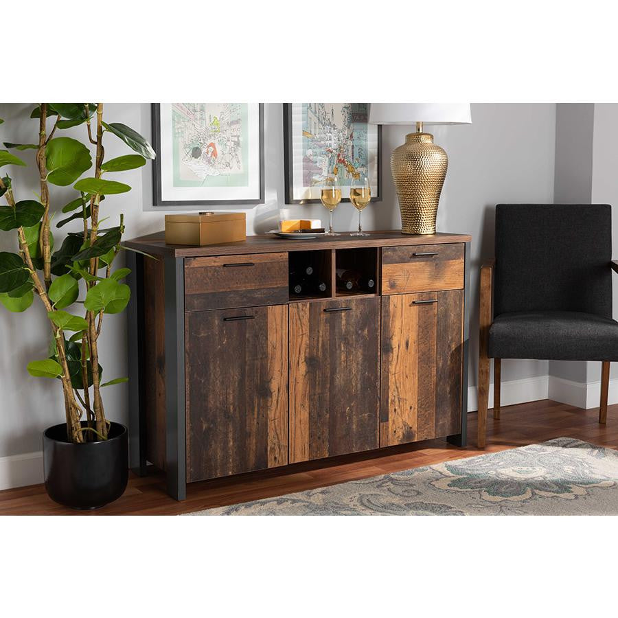 Rustic Brown Finished Wood and Grey Metal 2-Door Sideboard Buffet