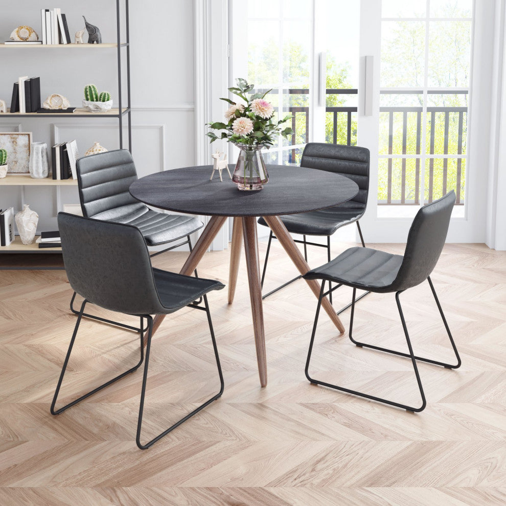 Dining Chair, Set of 2, Faux Vinyl Leather, Steel, Vintage Black, Cafe Bistro