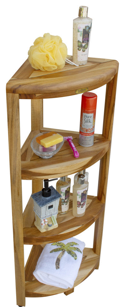 HomeRoots Teak Four Tier Corner Shelf, Natural Finish