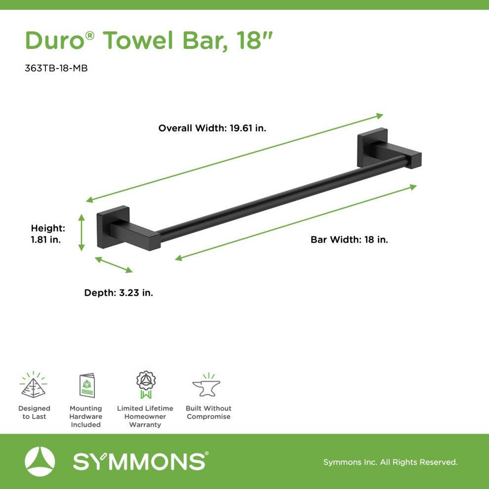 Duro 18 inch Towel Bar with Mounting Hardware, Matte Black