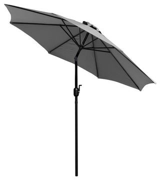 Lark 7 Pc Patio Set -4 Stacking Chairs, 30" x 48" Table & Umbrella with Base, Gr