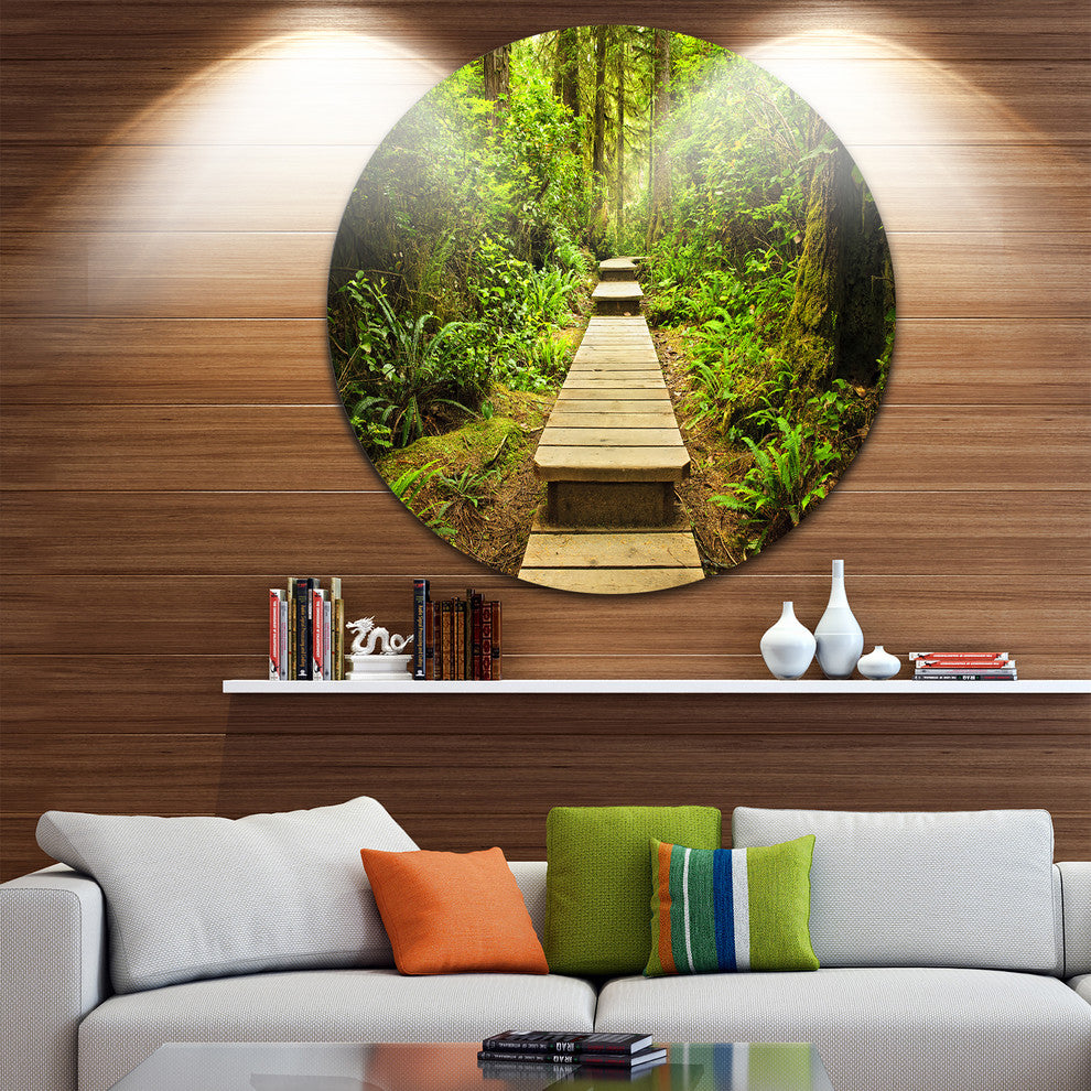 Path In Temperate Rainforest, Landscape Photo Round Wall Art, 11"