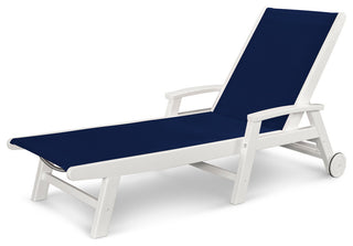Coastal Chaise With Wheels, White / Navy Blue Sling