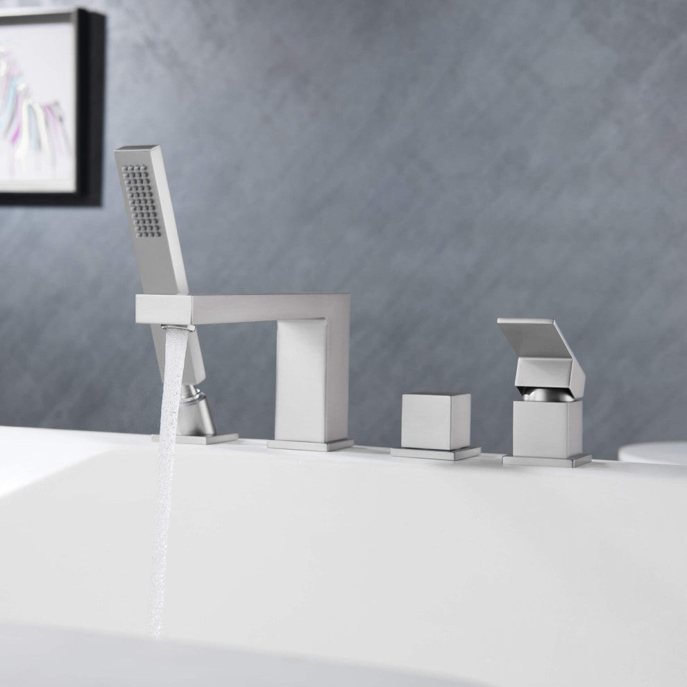 Cube Deck Mounted Bathtub Faucet With Hand Shower, Brushed Nickel