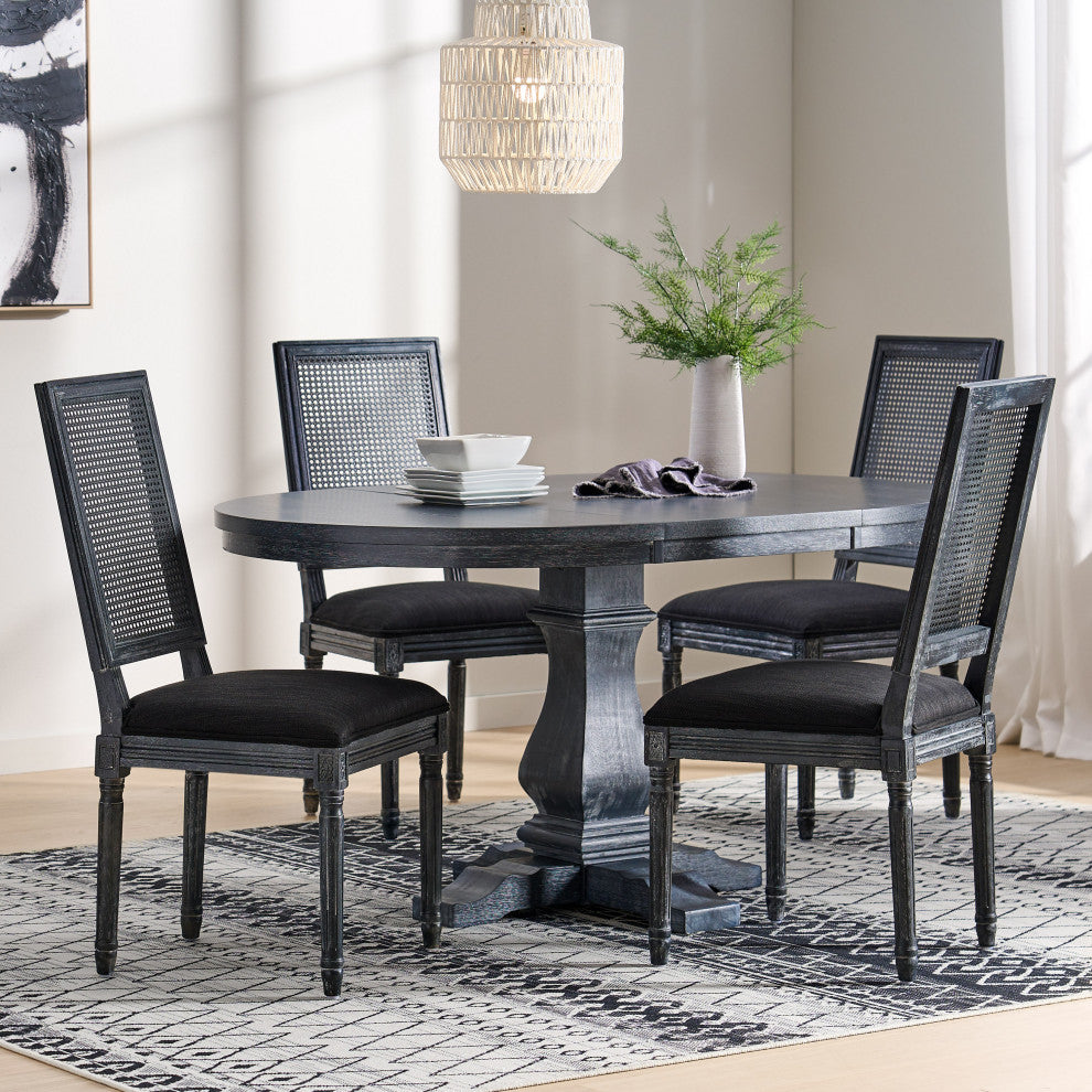 Brownell French Country Wood and Cane 5-Piece Expandable Oval Dining Set, Black/Gray/Gray