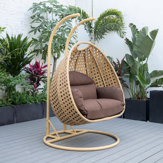 LeisureMod Mendoza Light Brown Wicker Hanging Double Egg Swing Chair, Brown