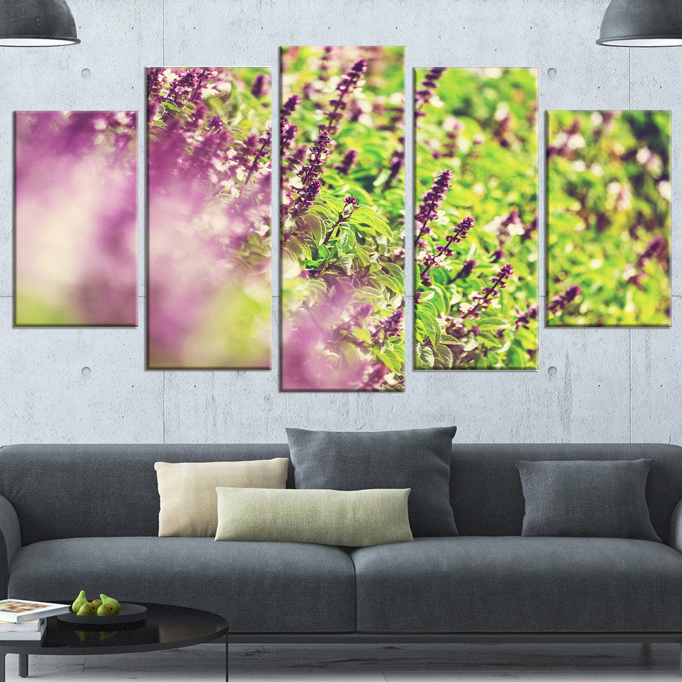 Beautiful Mint Flowers in Garden, Floral Canvas Art Print, 60"x32", 5 Panels